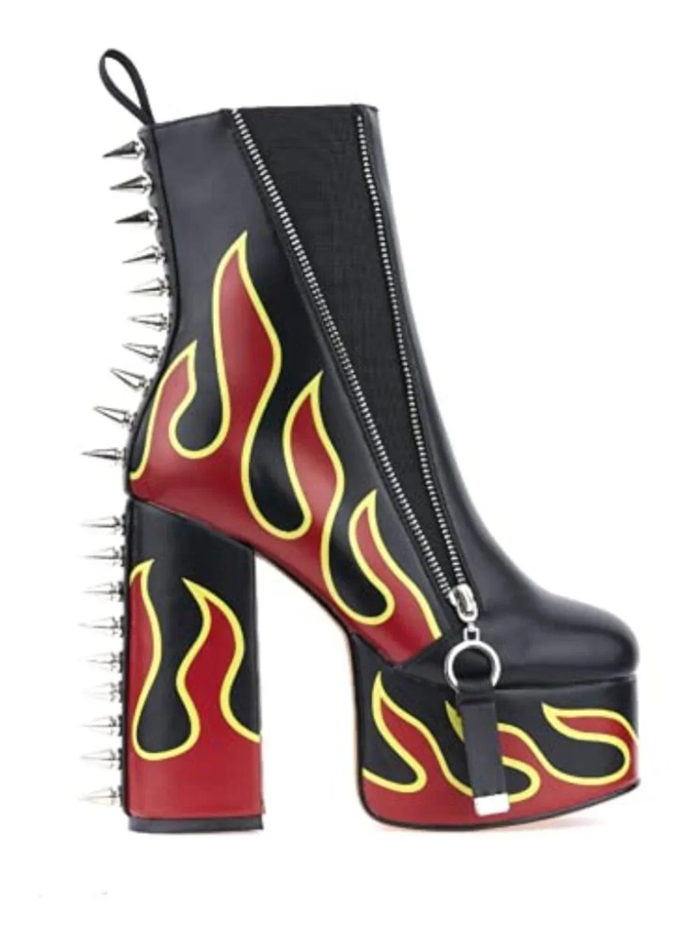 Faux Leather High Heels Rivets Ankle Boots Flames Totem Metal Zipper Thick